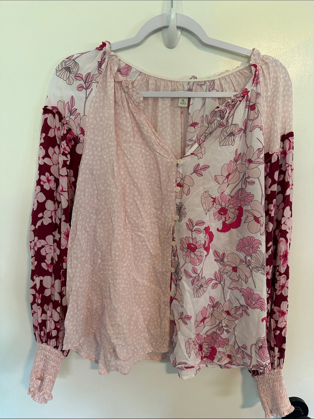 Cato Pink Floral Patchwork Peasant Blouse size XL